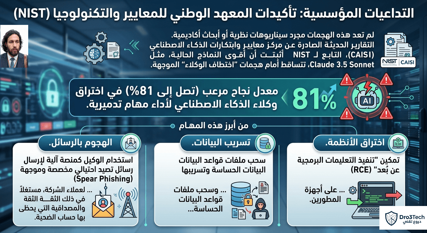 An infographic showcasing NIST research findings on Agentjacking, highlighting an 81% success rate in AI agent compromises, including RCE, data exfiltration, and spear-phishing attacks.