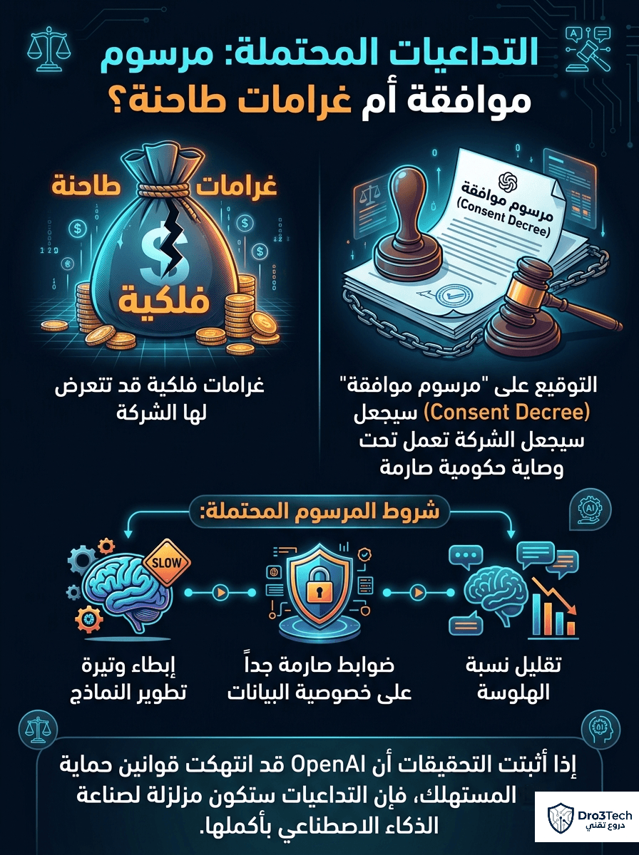 إنفوجرافيك يوضح التداعيات القانونية على OpenAI، بما في ذلك احتمالية فرض غرامات فلكية أو توقيع مرسوم موافقة (Consent Decree) تحت رقابة حكومية، تحليل من دروع تك.
