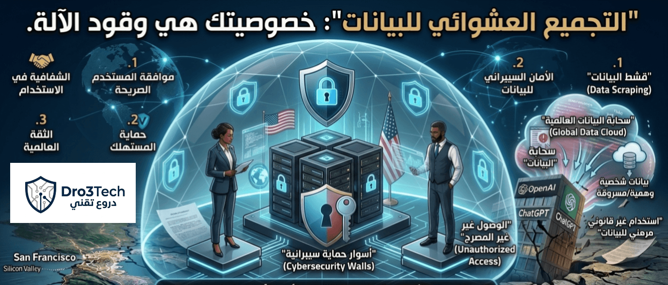 إنفوجرافيك يوضح مخاطر قشط البيانات وخصوصية المستخدمين في OpenAI، تحليل تقني بقلم محمد محروس رزق على منصة دروع تك.