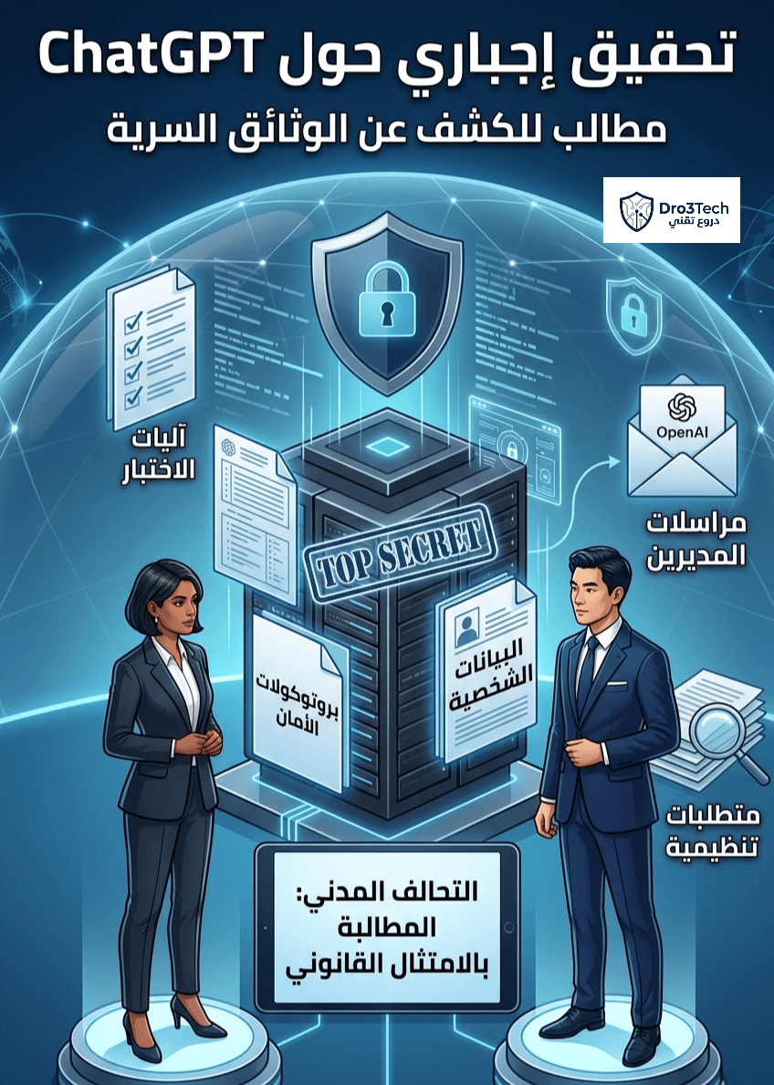 إنفوجرافيك يوضح المطالب التنظيمية للكشف عن الوثائق السرية والاتصالات الداخلية لشركة OpenAI، بقلم محمد محروس رزق على دروع تك.