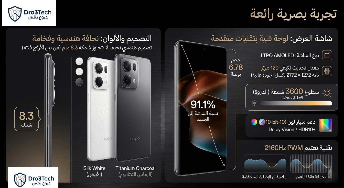 Infographic of Oppo Find X9 Pro display and design specs in Arabic, showcasing the 6.78 inch LTPO AMOLED screen, 3600 nits brightness, 8.3mm thickness, and Silk White and Titanium Charcoal color options.