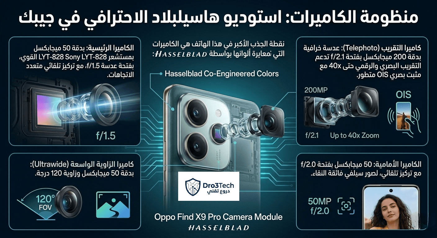 Infographic about Oppo Find X9 Pro Hasselblad camera system in Arabic, highlighting 50MP Sony LYT-828 main camera, 200MP Telephoto lens with 40x zoom and OIS, 50MP Ultrawide camera, and 50MP selfie camera.