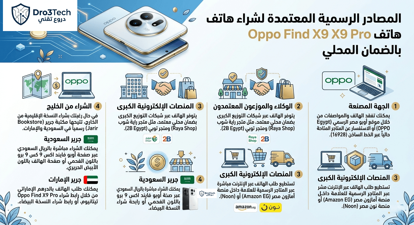 Infographic showcasing the official buying sources for Oppo Find X9 Pro in Egypt and the Gulf region, featuring OPPO Egypt website, Raya Shop, 2B Egypt, Amazon EG, Noon, and Jarir Bookstore for KSA and UAE.