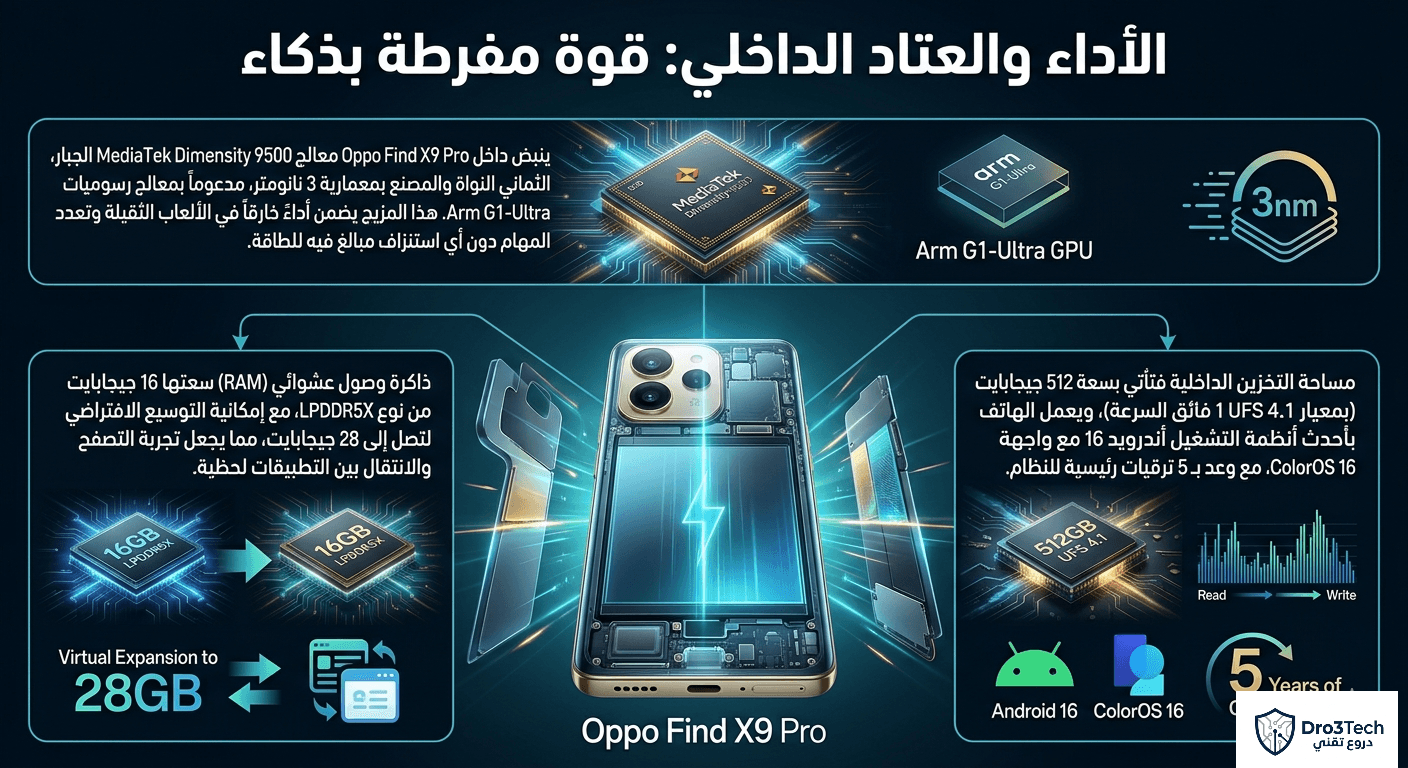 Infographic showcasing Oppo Find X9 Pro performance benchmarks and internal hardware in Arabic, featuring MediaTek Dimensity 9500 3nm chipset, Arm G1-Ultra GPU, 16GB LPDDR5X RAM up to 28GB, 512GB UFS 4.1 storage, and Android 16 with ColorOS 16.