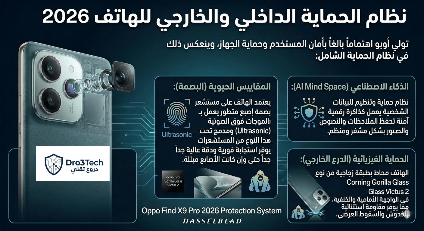 Infographic showcasing the comprehensive internal and external security systems of Oppo Find X9 Pro in Arabic, featuring the Ultrasonic fingerprint sensor under the display, AI Mind Space encrypted storage, and Corning Gorilla Glass Victus 2 physical defense.