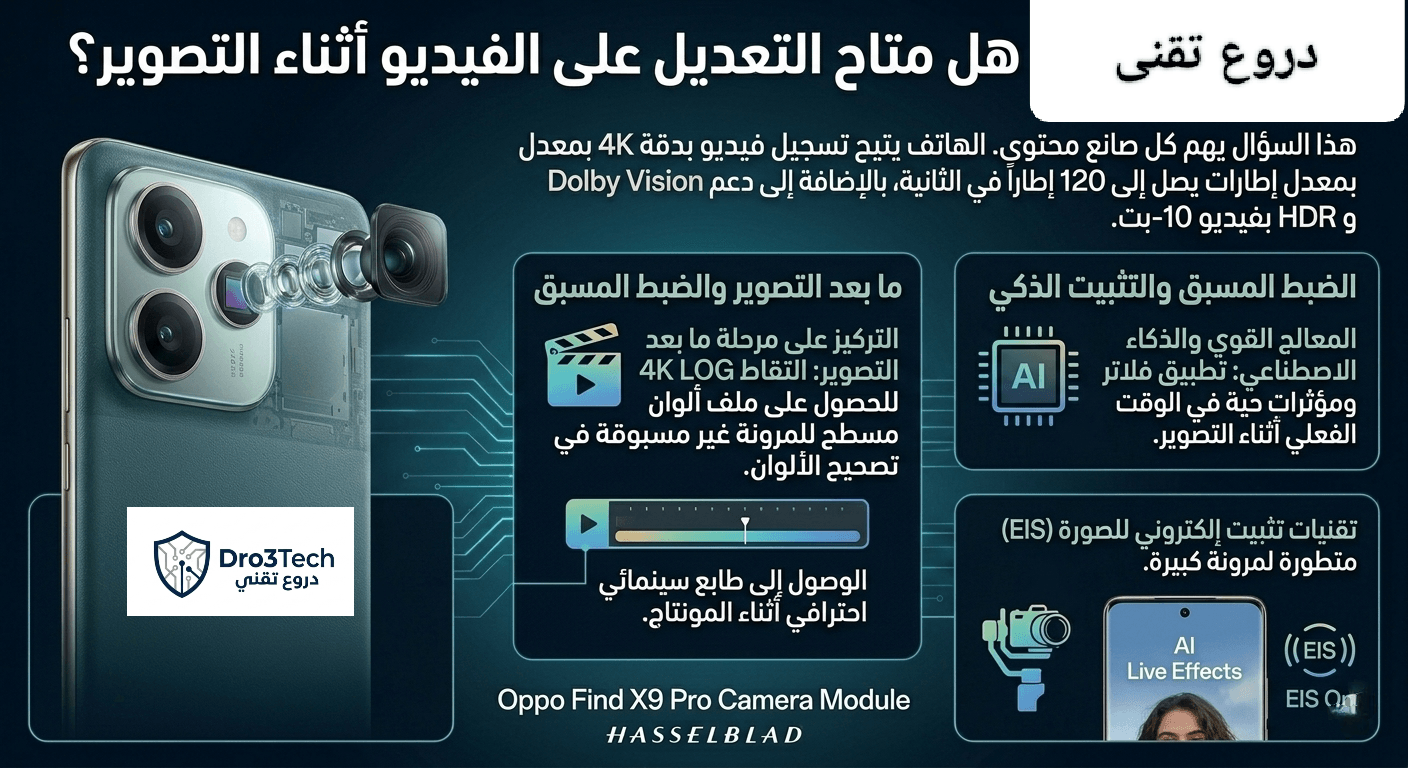 Infographic about Oppo Find X9 Pro video recording and production capabilities in Arabic, displaying 4K at 120fps, Dolby Vision, 10-bit HDR, 4K LOG Flat Profile, and live EIS stabilization with filters