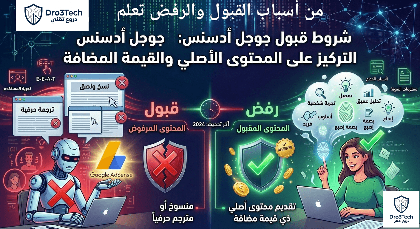 إنفوجرافيك مقارن يشرح شرط تقديم محتوى أصلي ذي قيمة مضافة لقبول جوجل أدسنس، ويوضح الفرق بين المحتوى المنسوخ والمحتوى البشري الإبداعي.
