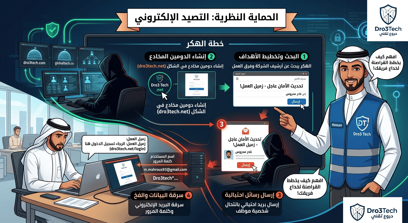 إنفوجرافيك تعليمي من دروع تقني يوضح مراحل هجوم التصيد الإلكتروني: التخطيط، تزوير النطاق، إرسال البريد الخادع، وسرقة بيانات الدخول.