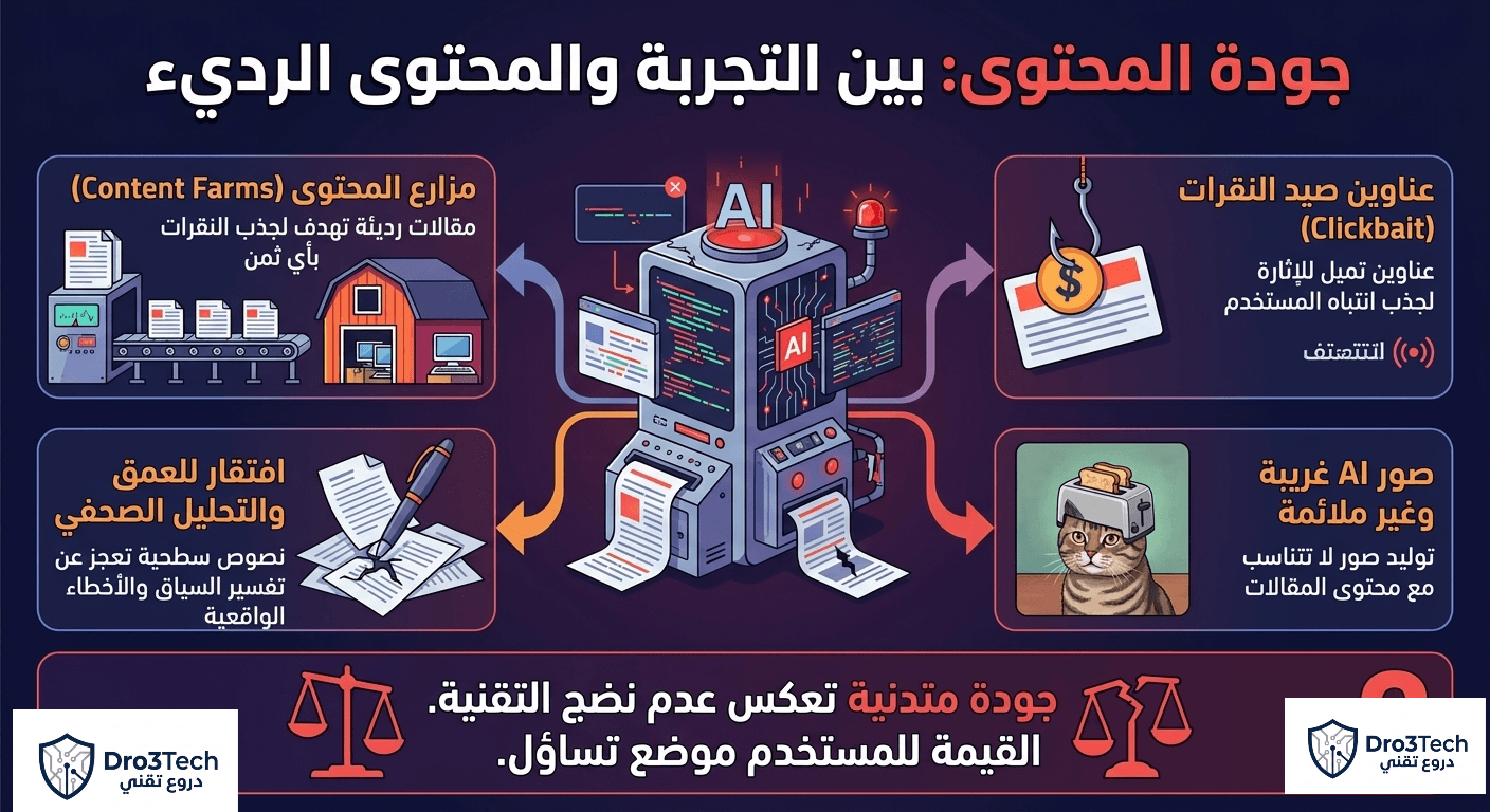 ​"تصميم يوضح مشاكل جودة المحتوى في تطبيق ميتا الإخباري، مثل الاعتماد على مزارع المحتوى، العناوين المضللة (Clickbait)، الافتقار للتحليل، والأخطاء الواقعية في الصور المولدة بالذكاء الاصطناعي."