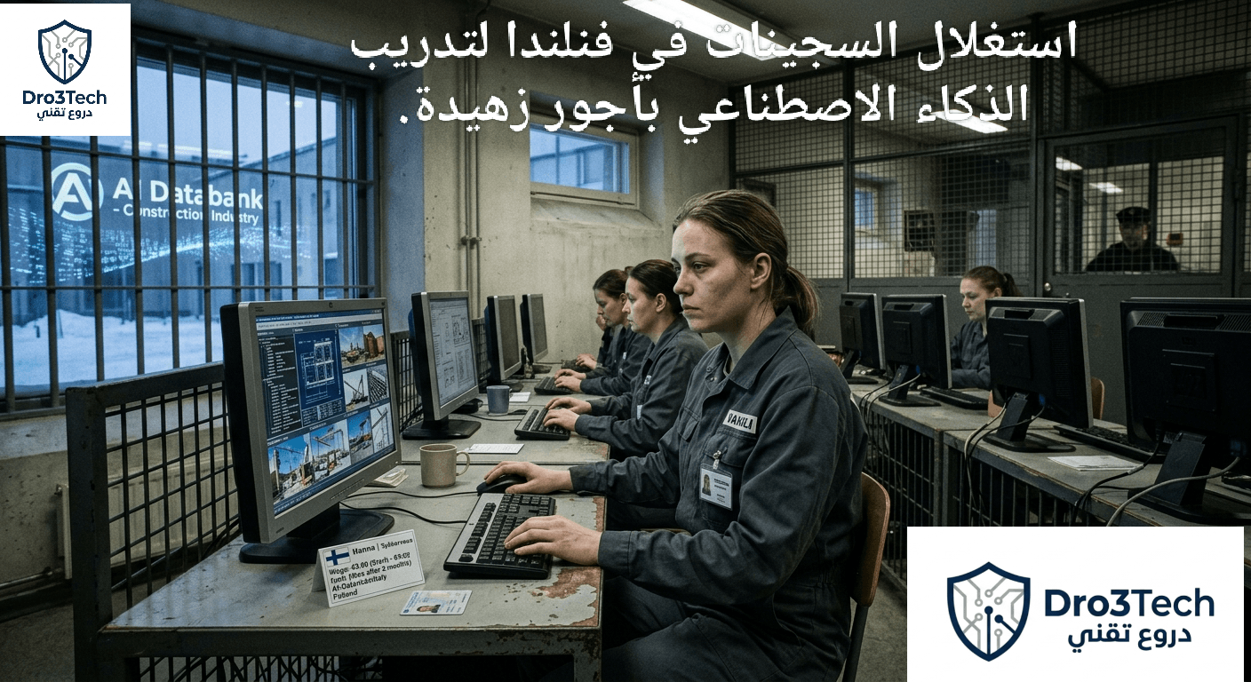 سجينات بملابس السجن يعملن على أجهزة كمبيوتر داخل زنزانة لتصنيف بيانات البناء المعقدة لصالح نماذج الذكاء الاصطناعي.