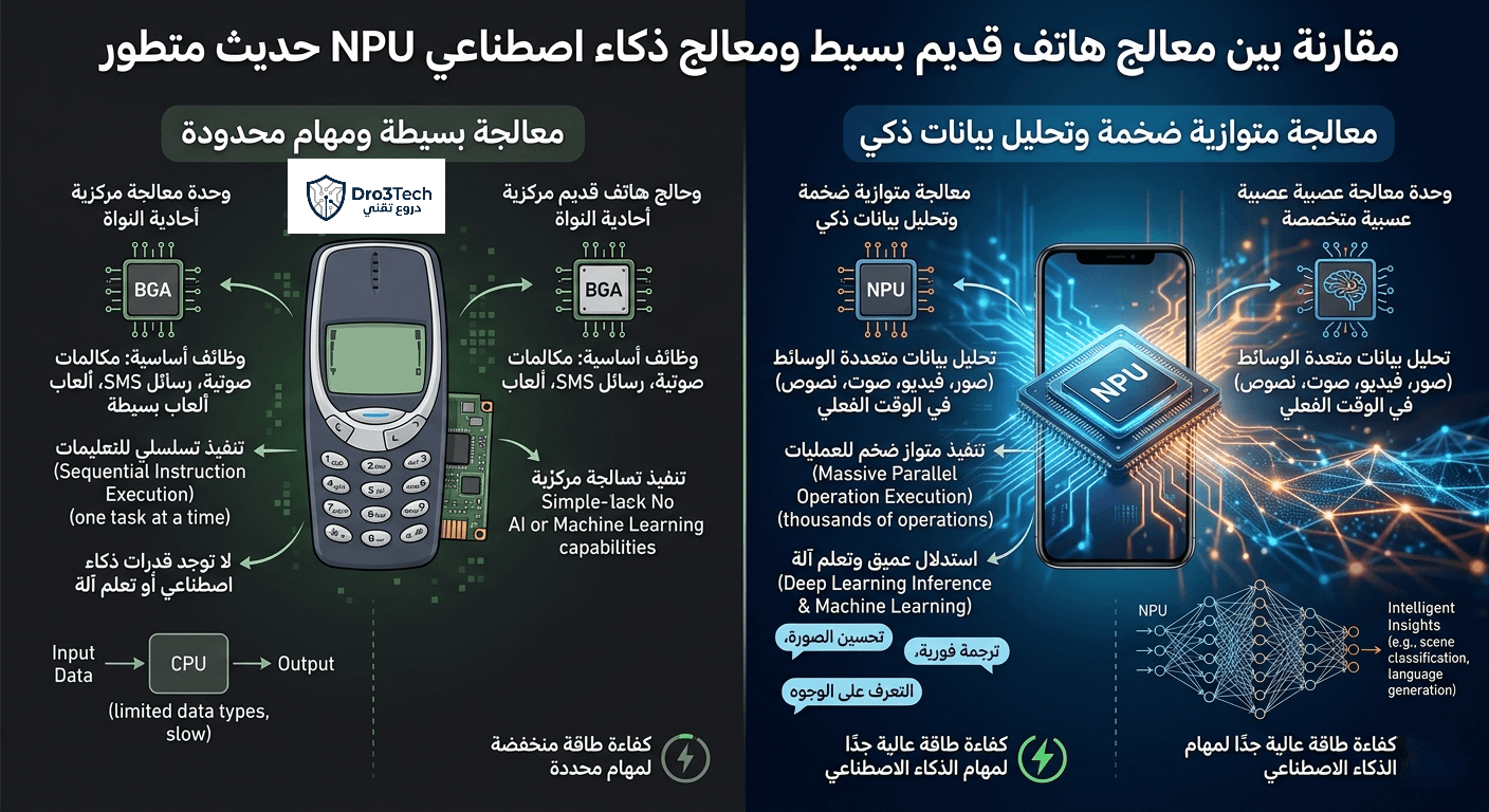 مقارنة توضح التطور التقني بين معالجات الهواتف القديمة البسيطة ووحدات المعالجة العصبية (NPU) الفائقة في الهواتف الذكية الحديثة والتي تحلل مليارات البيانات.