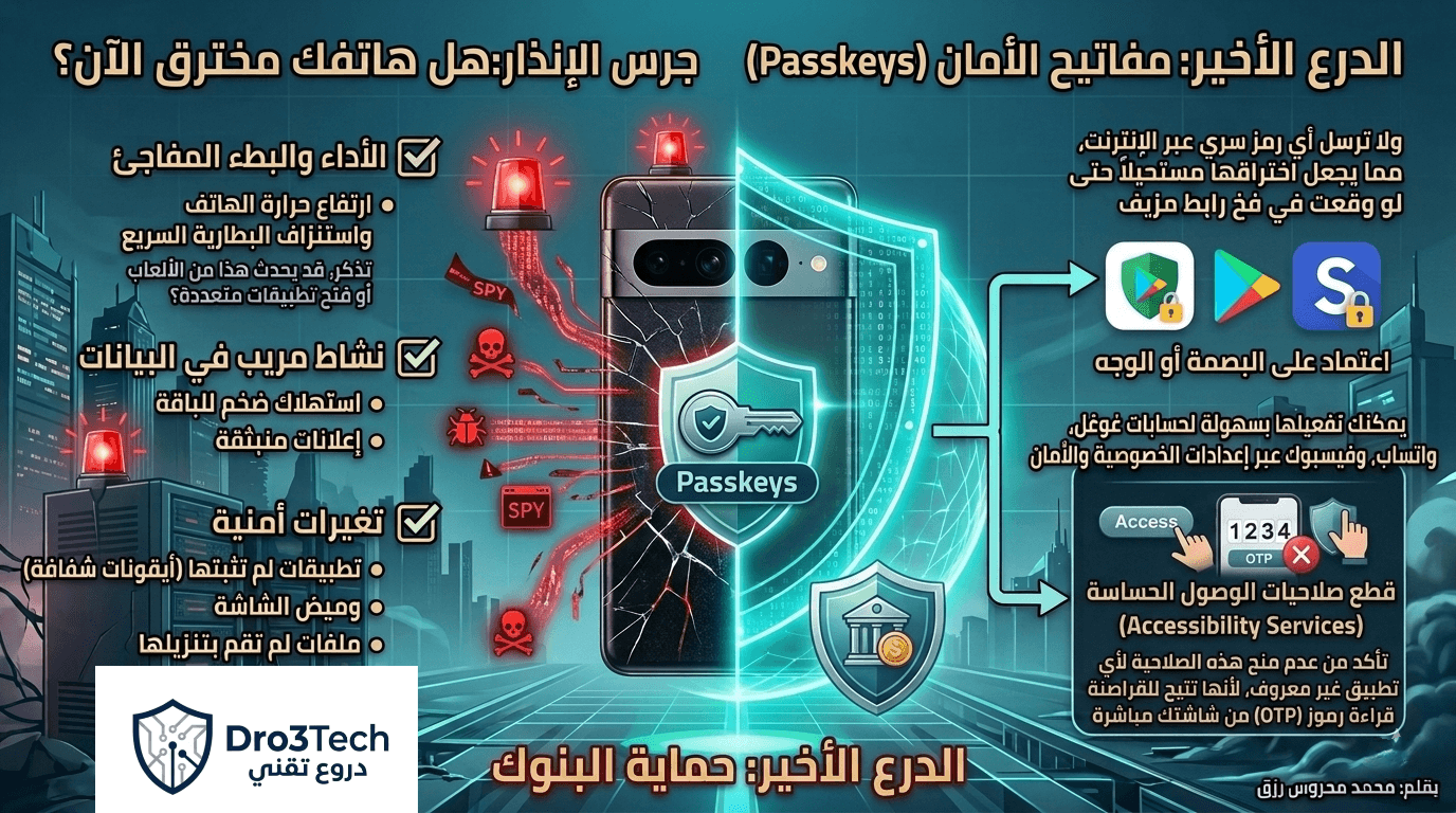 إنفوجرافيك تعليمي من دروع تقني يشرح كيفية حماية التطبيقات البنكية عبر تفعيل Google Play Protect وإدارة صلاحيات الوصول الحساسة (Accessibility Services).