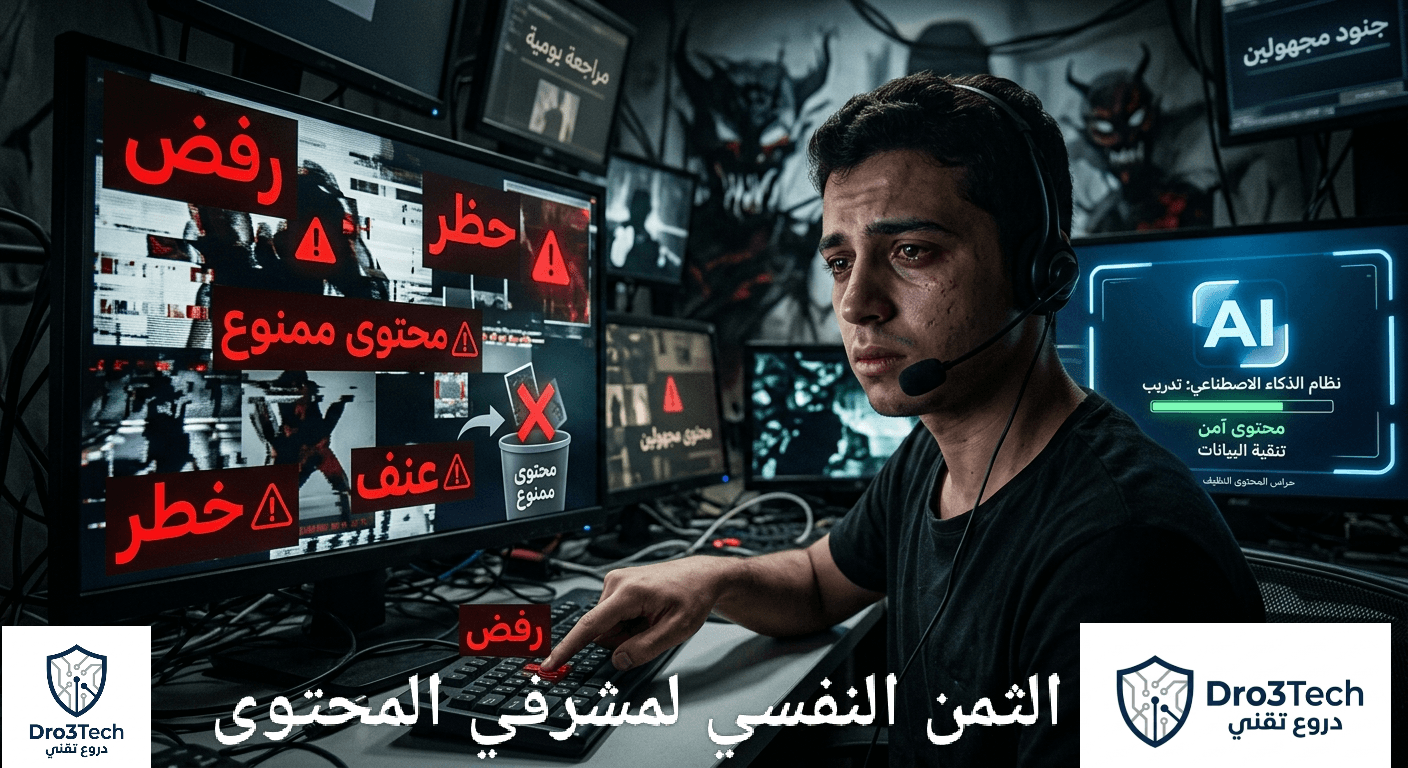مشرف محتوى مرهق يجلس في غرفة مظلمة محاطة بشاشات تعرض تحذيرات حمراء لعنف ومحتوى ممنوع في واجهة برمجة لتدريب الذكاء الاصطناعي.
