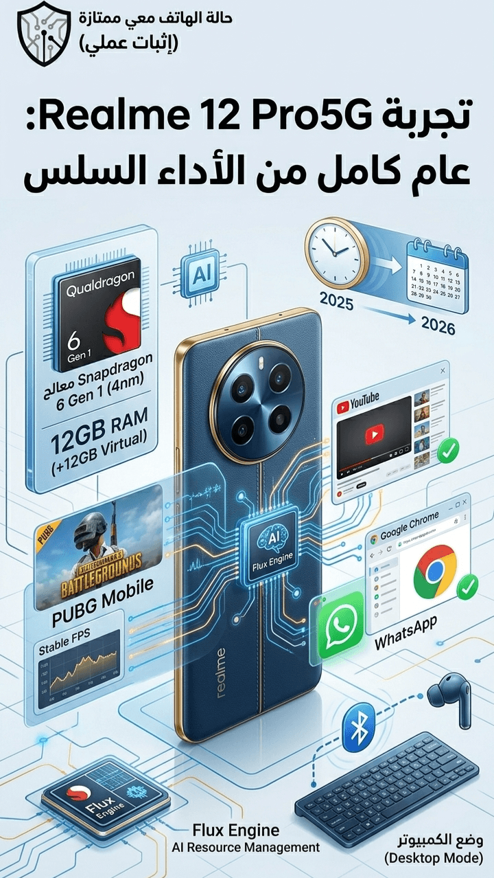 صورة توضيحية لاختبار أداء هاتف Realme 12 Pro 5G في الألعاب وتعدد المهام، يوضح كفاءة معالج Snapdragon 6 Gen 1 ونظام Flux Engine في تشغيل ببجي ككمبيوتر مصغر.