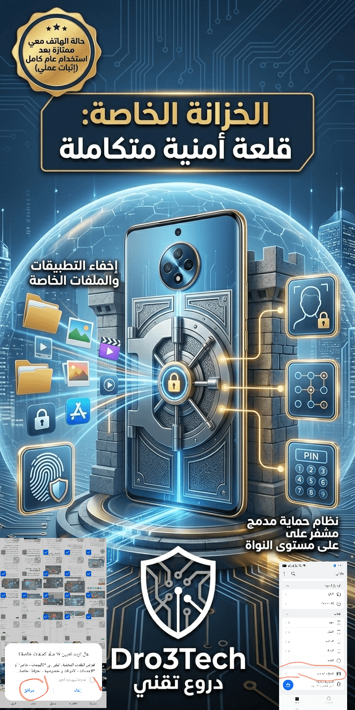 صورة توضيحية لميزة الخزانة الخاصة وإخفاء التطبيقات في هاتف Realme 12 Pro 5G، تُظهر الهاتف كقلعة أمنية مشفرة لحماية الملفات الحساسة باستخدام بصمة الإصبع والتعرف على الوجه.