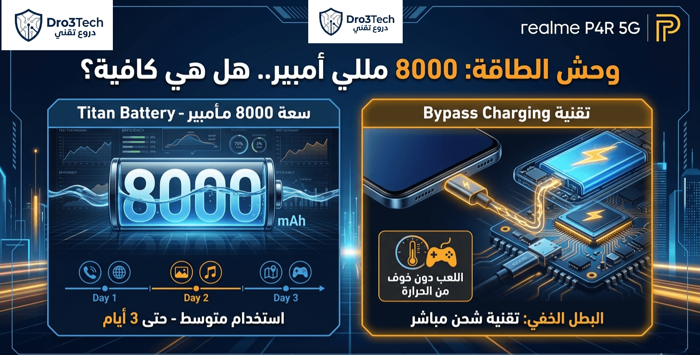 Infographic showing Realme P4R 5G with 8000mAh Titan Battery and Bypass Charging technology for gaming by Dro3Tech.