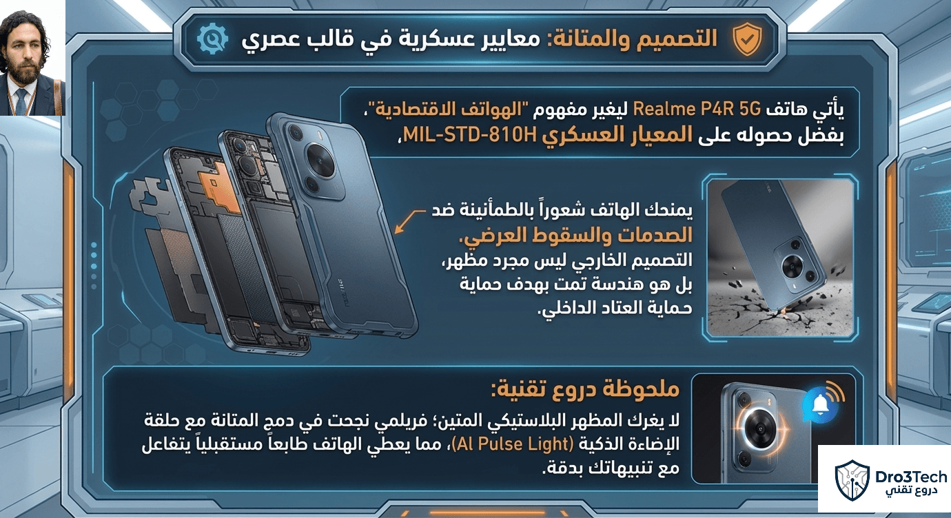 Realme P4R 5G smartphone showing military-grade durability and AI Pulse Light design features by Dro3Tech.
