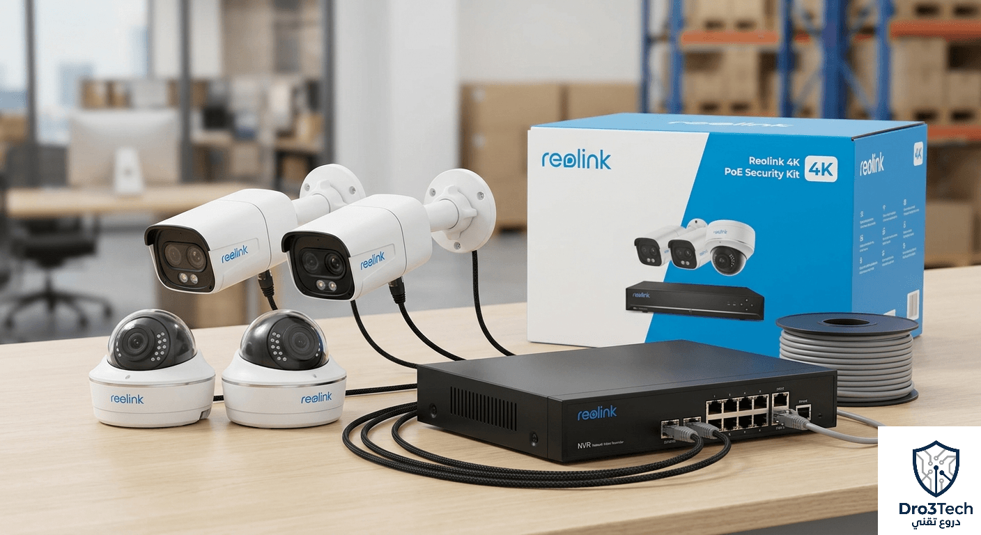 نظام كاميرات مراقبة متكامل من شركة ريولينك Reolink 4K PoE معروض على طاولة خشبية داخل بيئة عمل أو مخزن، يشتمل على كاميرتين رصاصية خارجية وكاميرتين قبتين داخلية وجهاز تسجيل NVR وبكرة كابلات إيثرنت بجوار صندوق التغليف الأصلي الأزرق والأبيض.