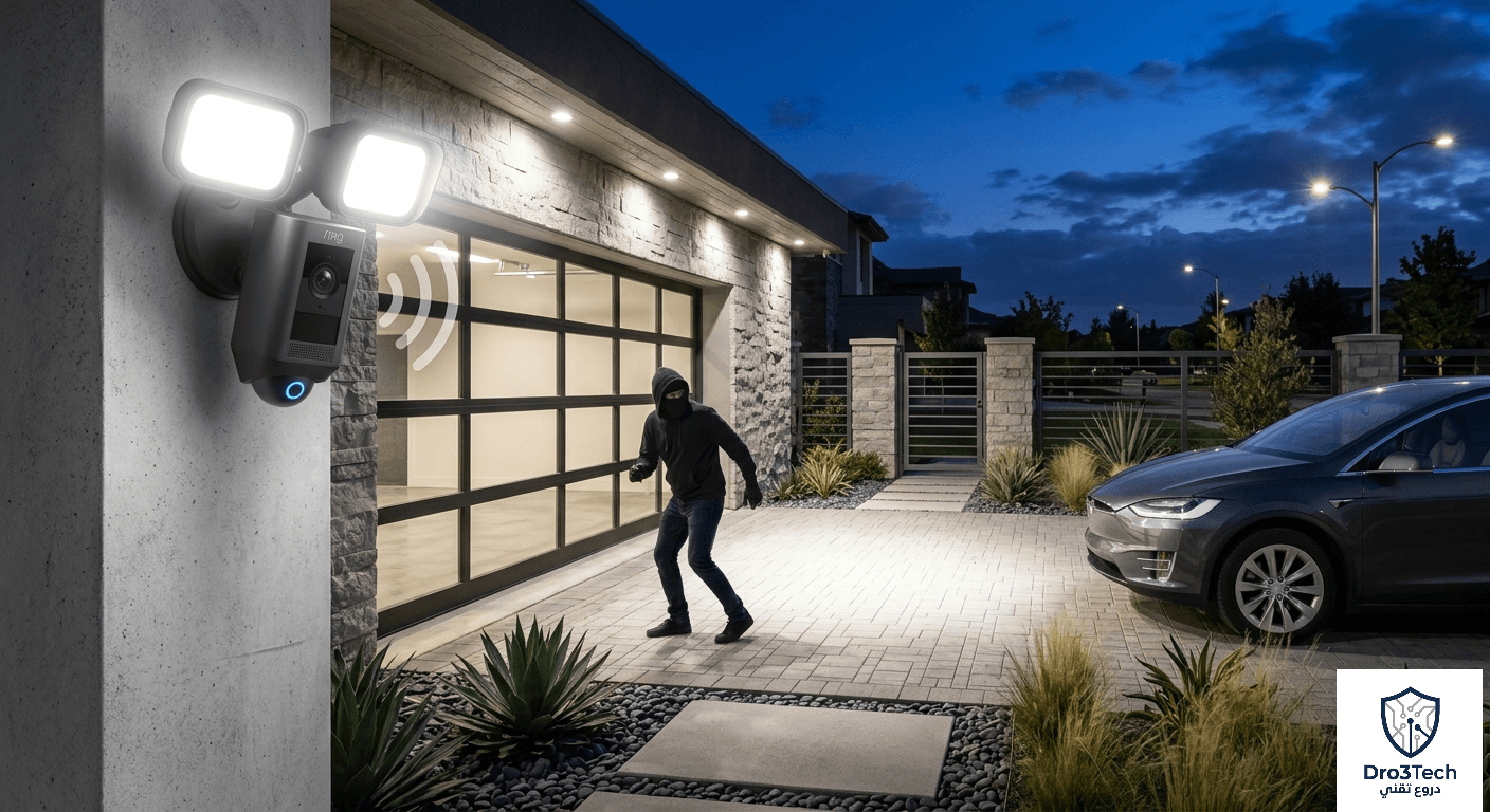 كاميرا مراقبة Ring Floodlight Cam Wired Pro مثبتة على جدار خارجي لجراج منزل ليلاً، تطلق إضاءة كشافات ساطعة وموجات إنذار صوتية باتجاه متسلل يرتدي ملابس سوداء وقناعاً، مما يجسد عملية الردع النشط لحماية الممتلكات والسيارات. 