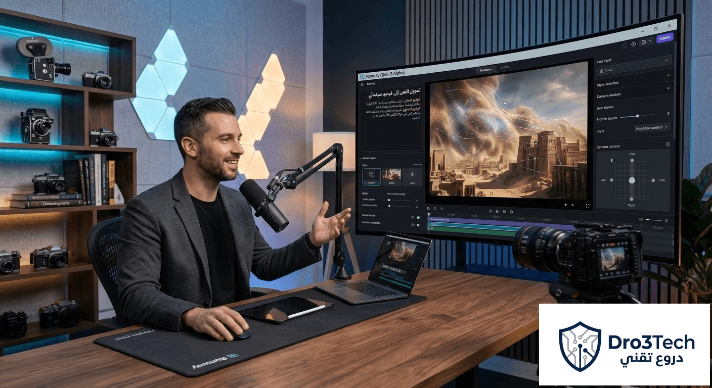 صانع محتوى يستخدم أداة Runway Gen-3 Alpha لتحويل النص إلى فيديو سينمائي ومؤثرات بصرية بالذكاء الاصطناعي.