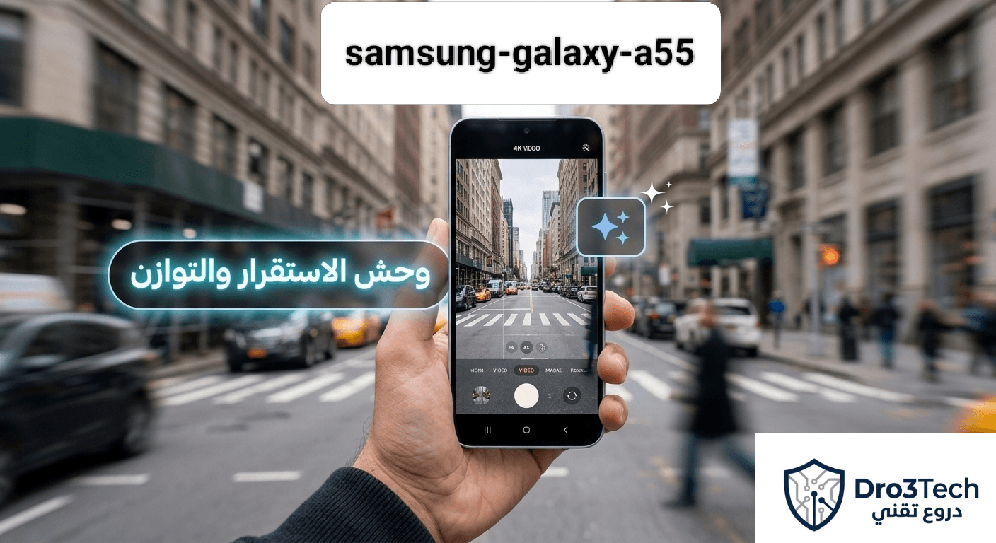 هاتف سامسونج جالكسي A55 5G مع ميزة التثبيت البصري OIS لتصوير فيديوهات ثابتة واحترافية.