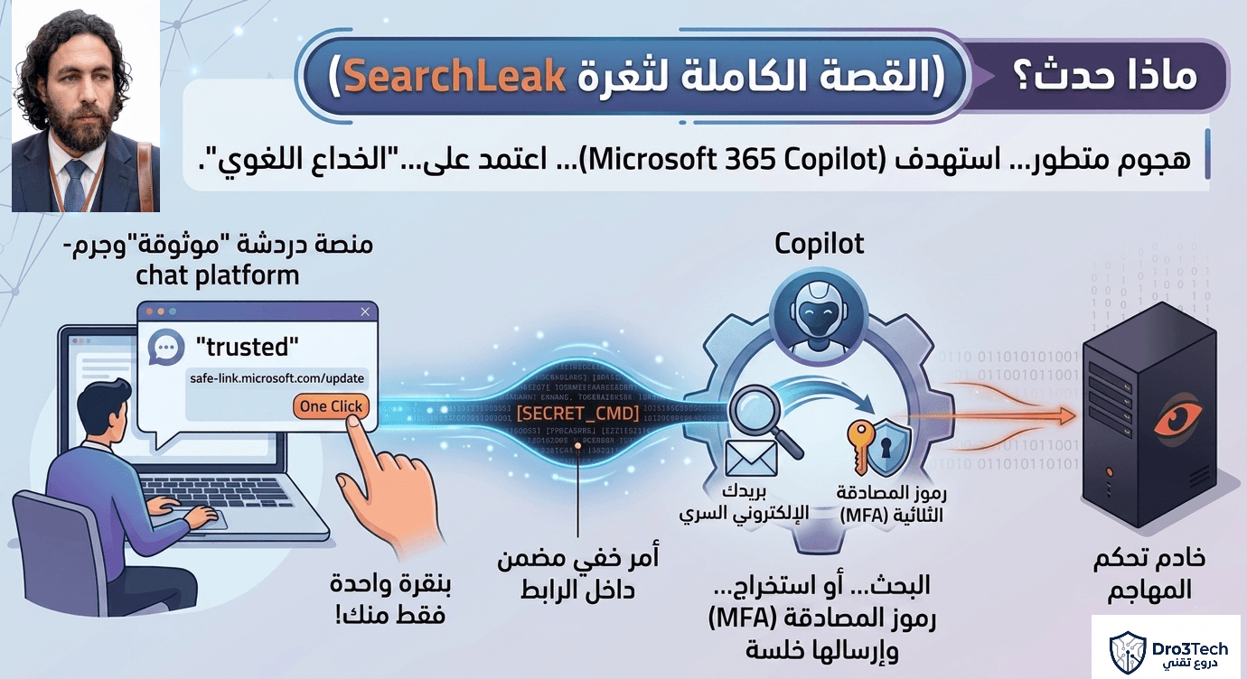 Infographic demonstrating the SearchLeak vulnerability in Microsoft 365 Copilot, showing how prompt injection attacks lead to data exfiltration.