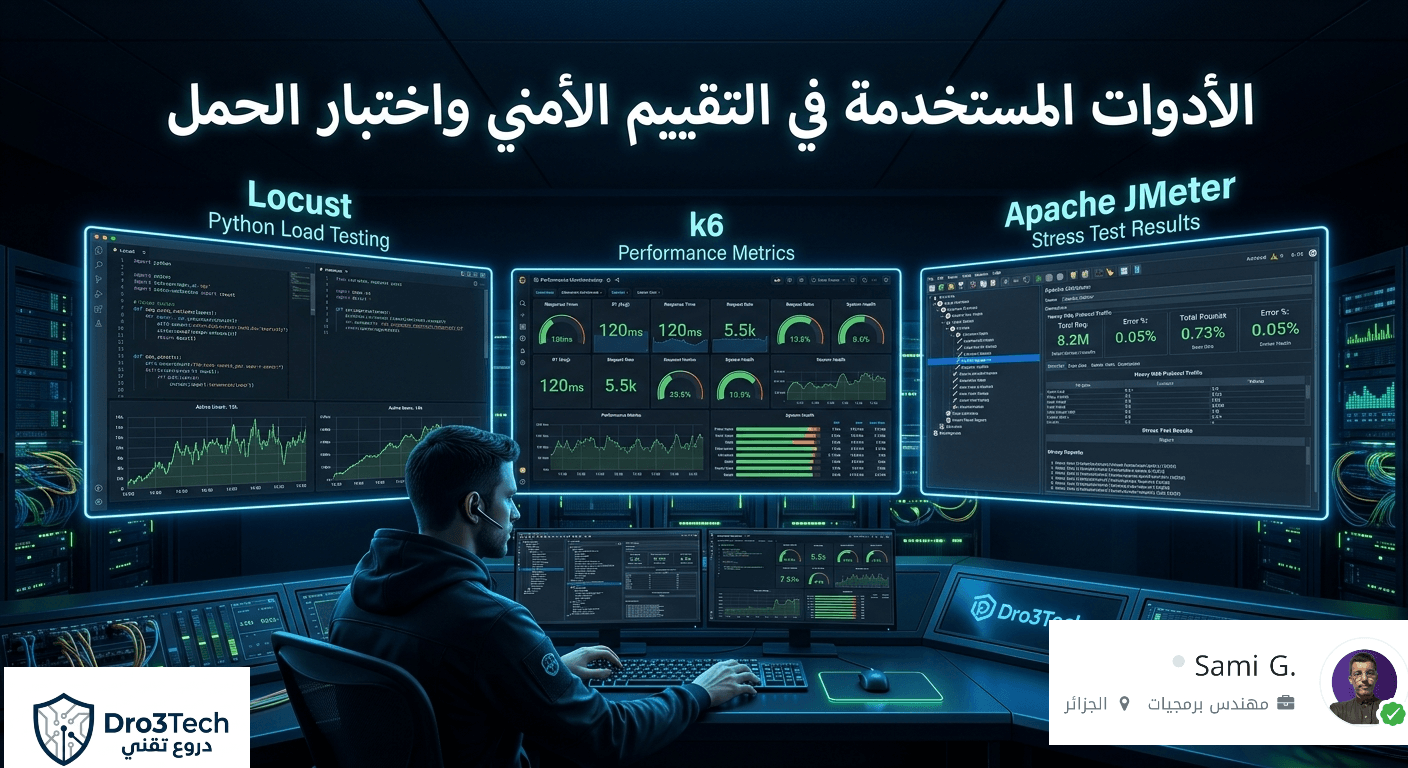خبير أمن سيبراني في غرفة تحكم يستعرض شاشات أدوات التقييم الأمني واختبار الحمل الاحترافية (Locust و k6 و Apache JMeter) لحماية الخوادم.