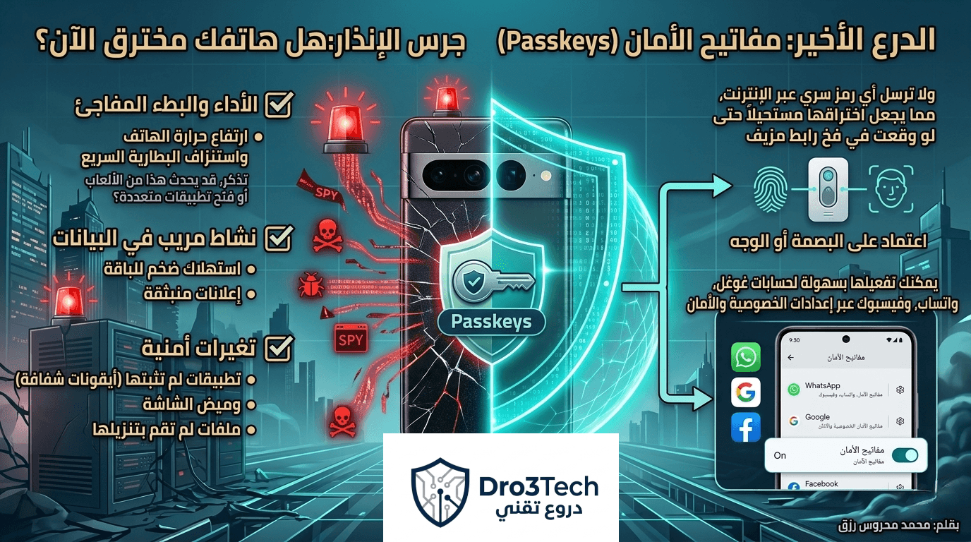 إنفوجرافيك يوضح علامات اختراق الهاتف وكيفية حمايته باستخدام مفاتيح الأمان Passkeys، مقدم من منصة دروع تقني.