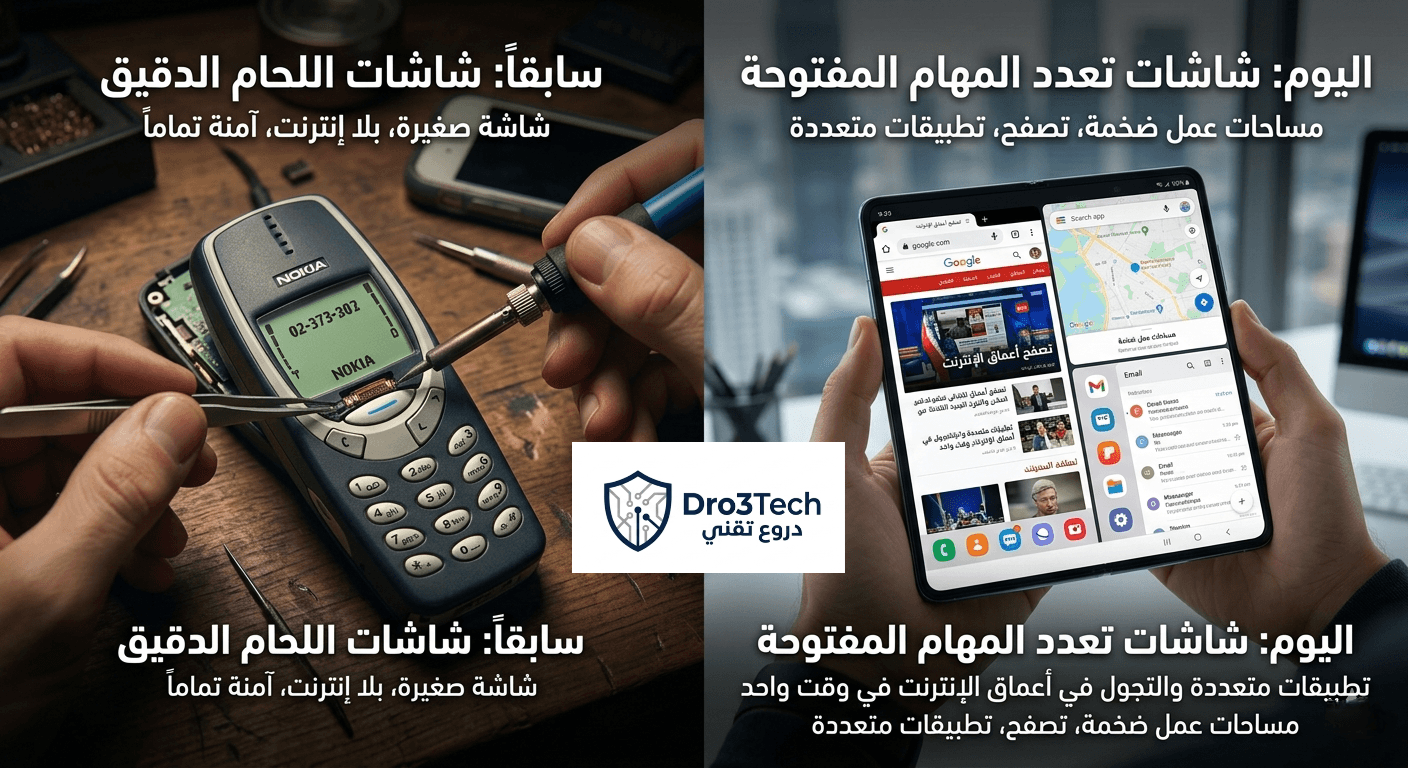 مقارنة بصرية بين شاشة هاتف نوكيا 3310 كلاسيكية صغيرة غير متصلة بالإنترنت، وشاشة هاتف ذكي حديثة عملاقة تدعم تعدد المهام وفتح تطبيقات متعددة في نفس الوقت