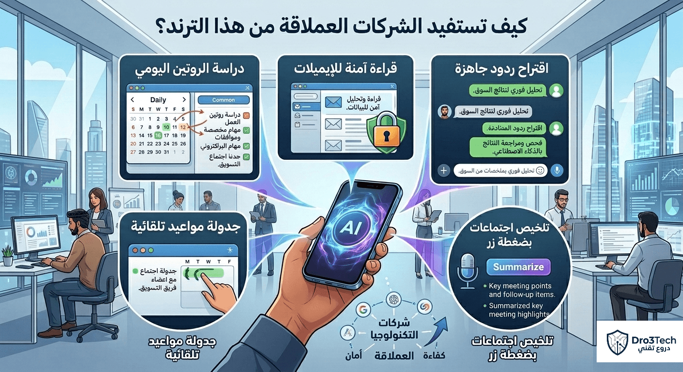 إنفوجرافيك يشرح كيف تستفيد الشركات من الذكاء الاصطناعي المدمج في الهواتف الذكية للقيام بمهام مثل جدولة المواعيد، تلخيص الاجتماعات، واقتراح الردود التلقائية بأمان تام.
