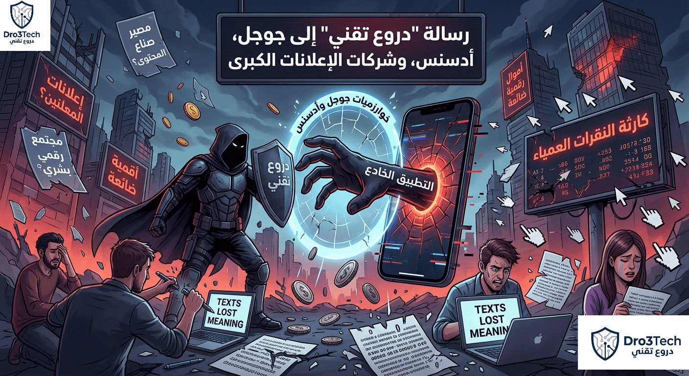 ​"رسم توضيحي كاريكاتوري من دروع تقني يظهر فارسًا تقنيًا يحمي من يد 'التطبيق الخادع' من ميتا التي تخترق بوابة 'خوارزميات جوجل وأدسنس'، مع لافتات تحذر من 'كارثة النقرات العمياء' وفقدان النصوص معانيها للأشخاص."