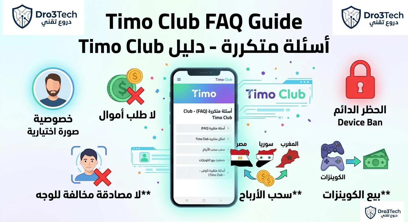 الصورة البارزة لمقال Timo Club FAQ (أسئلة متكررة) تعرض أيقونات رسومية لخصوصية الملف الشخصي، وقواعد عدم طلب الأموال والحظر الدائم، وسحب الأرباح في الدول العربية، وبيع الكوينزات، ومصادقة الوجه المخالفة.