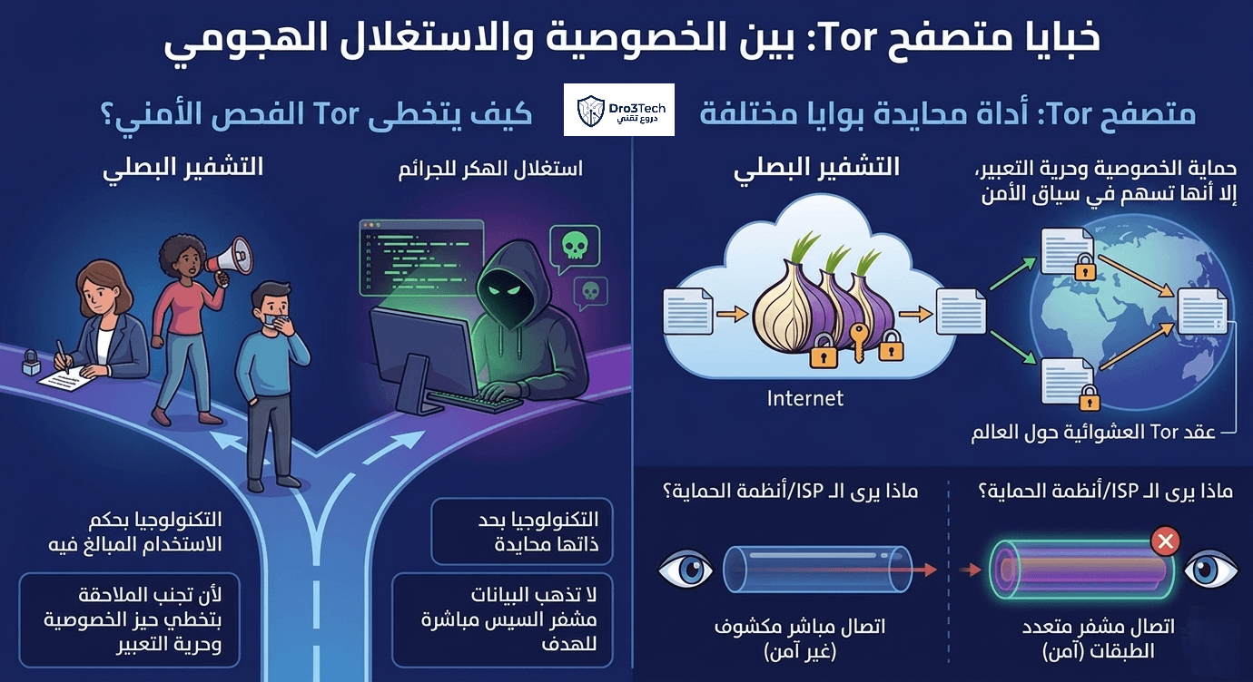 انفوجرافيك يوضح خبايا متصفح Tor بين الاستخدام الآمن للخصوصية وحرية التعبير وبين الاستغلال الهجومي من قِبل الهكرز، مع شرح آلية التشفير البصلي الموزع وعقد الـ Tor العشوائية