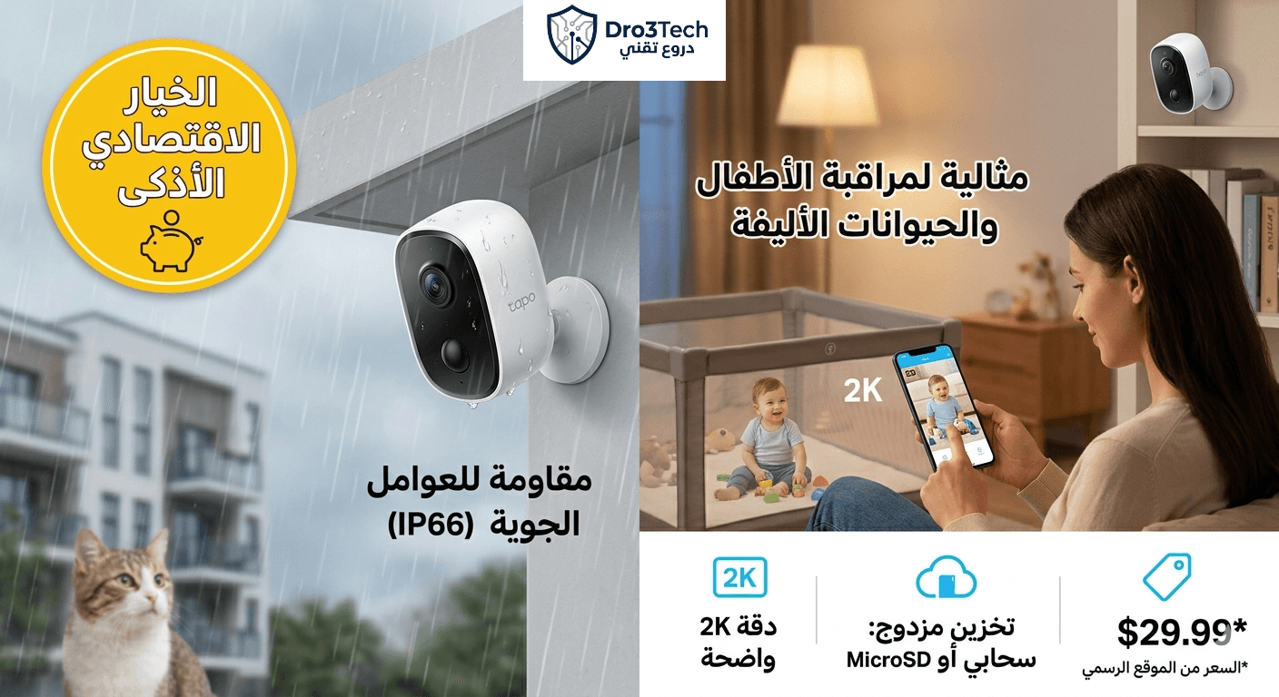 صورة تصميم مدمج لـ كاميرا TP-Link Tapo C120 مقسمة لجزأين؛ الجانب الأيمن يظهر امرأة تتابع طفلها عبر الهاتف في بيئة داخلية دافئة مع عرض السعر 29.99 دولار والتخزين المزدوج، والجانب الأيسر يستعرض مرونة تركيب الكاميرا في الخارج تحت المطر مع شعار الخيار الاقتصادي الأذكى وتصنيف IP66 ومقاومة العوامل الجوية بجانب قطة صغيرة. 