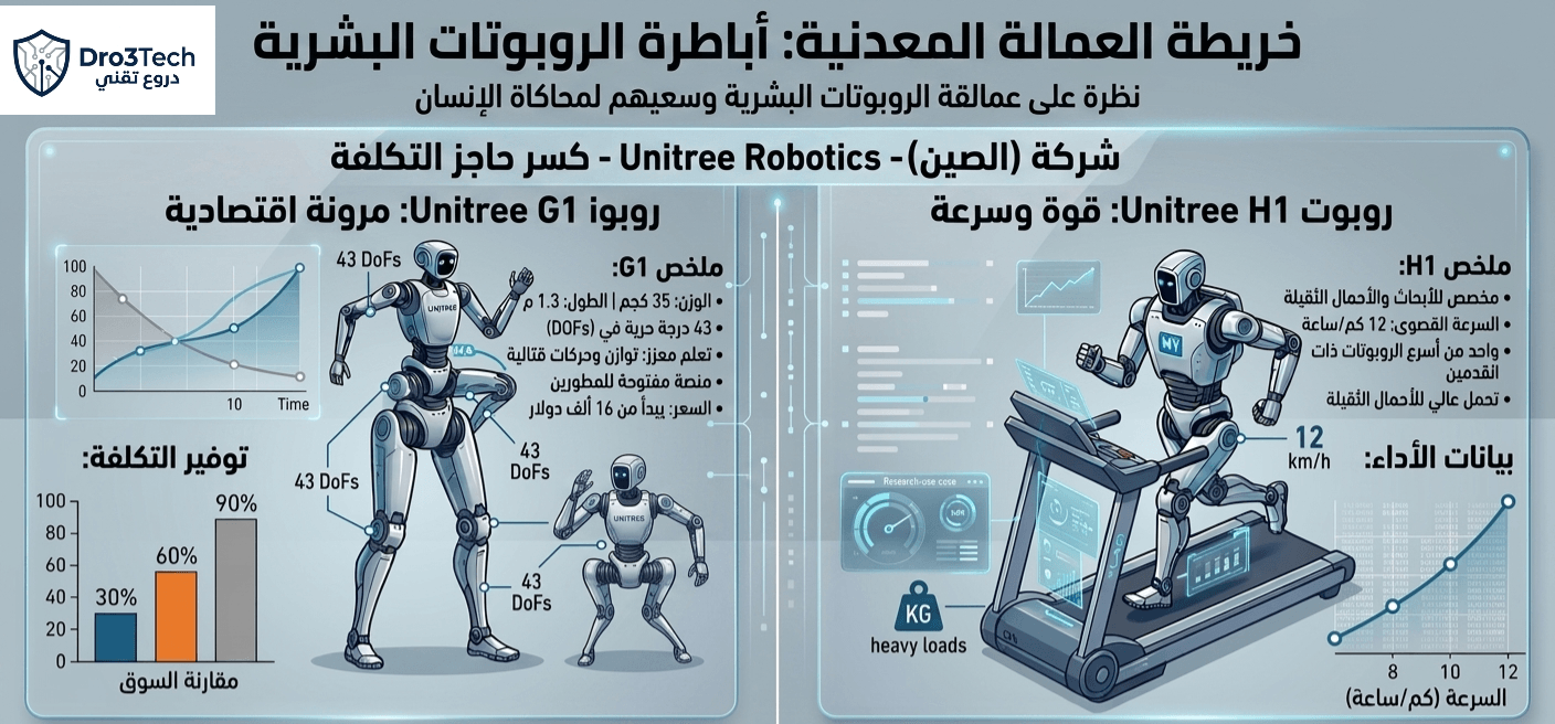 مقارنة إنفوجرافيك ذكية بين الروبوت البشري الاقتصادي Unitree G1 والروبوت البشري السريع Unitree H1 مع ملخص المواصفات التقنية بالعربية.