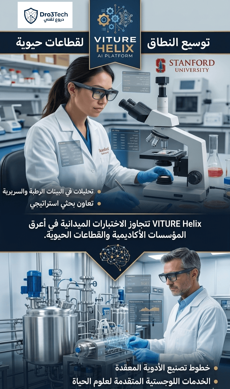 تصميم إنفوجرافيك طولي يوضح التجارب الميدانية لنظارة VITURE Helix AI في جامعتي ستانفورد وبرينستون، وتطبيقها في خطوط تصنيع الأدوية والخدمات اللوجستية المتقدمة لعلوم الحياة.