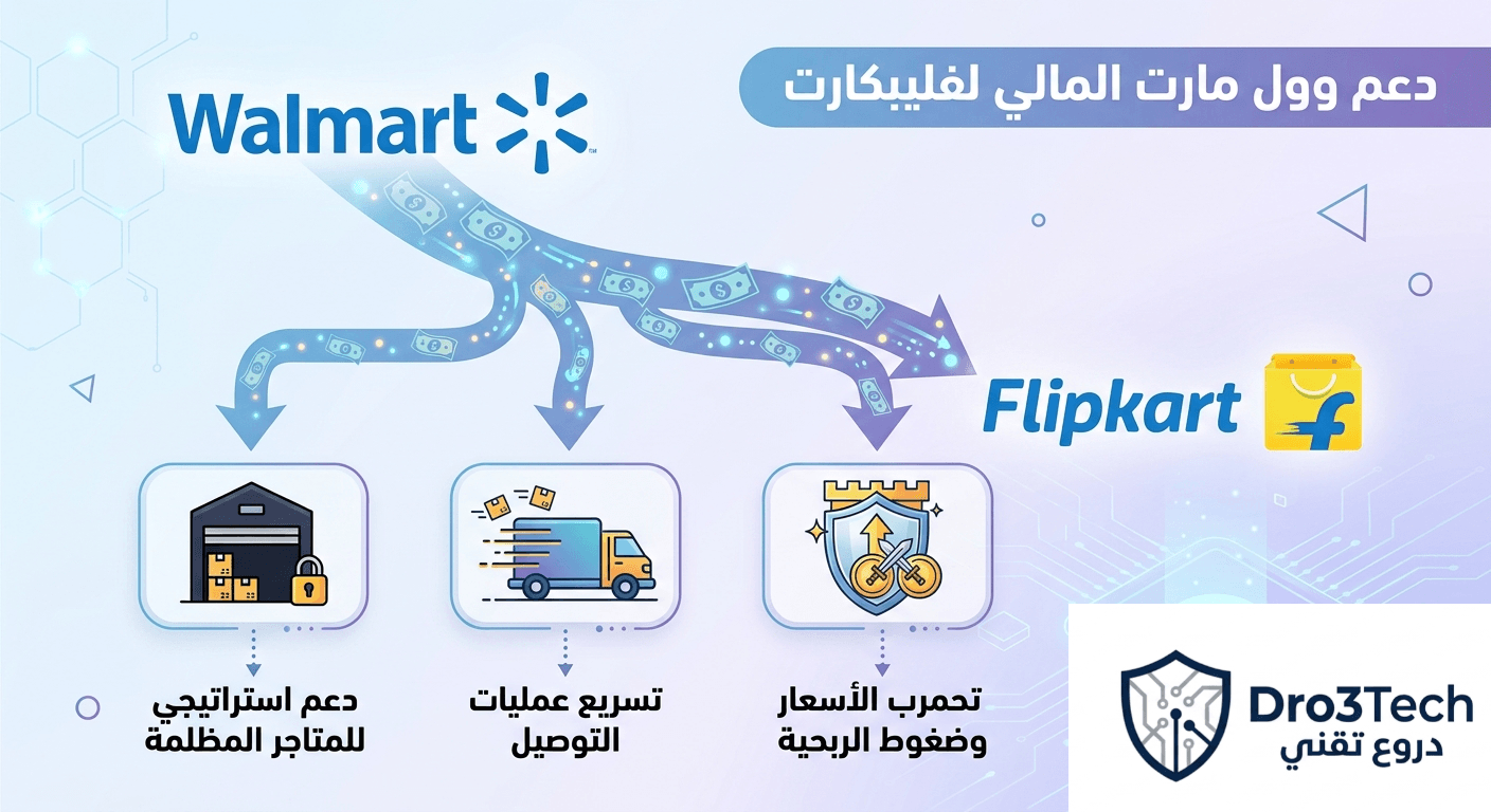 إنفوجرافيك يوضح الدعم المالي من وول مارت لشركة فليبكارت لتمويل المتاجر المظلمة وحرب الأسعار ضد أمازون.
