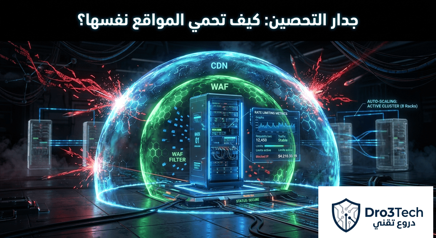 تصميم يوضح استراتيجية الدفاع متعدد الطبقات لحماية السيرفرات والمواقع، تشمل شبكات CDN، وتحديد معدل الطلبات، وجدران حماية الويب WAF، والتوسيع التلقائي.