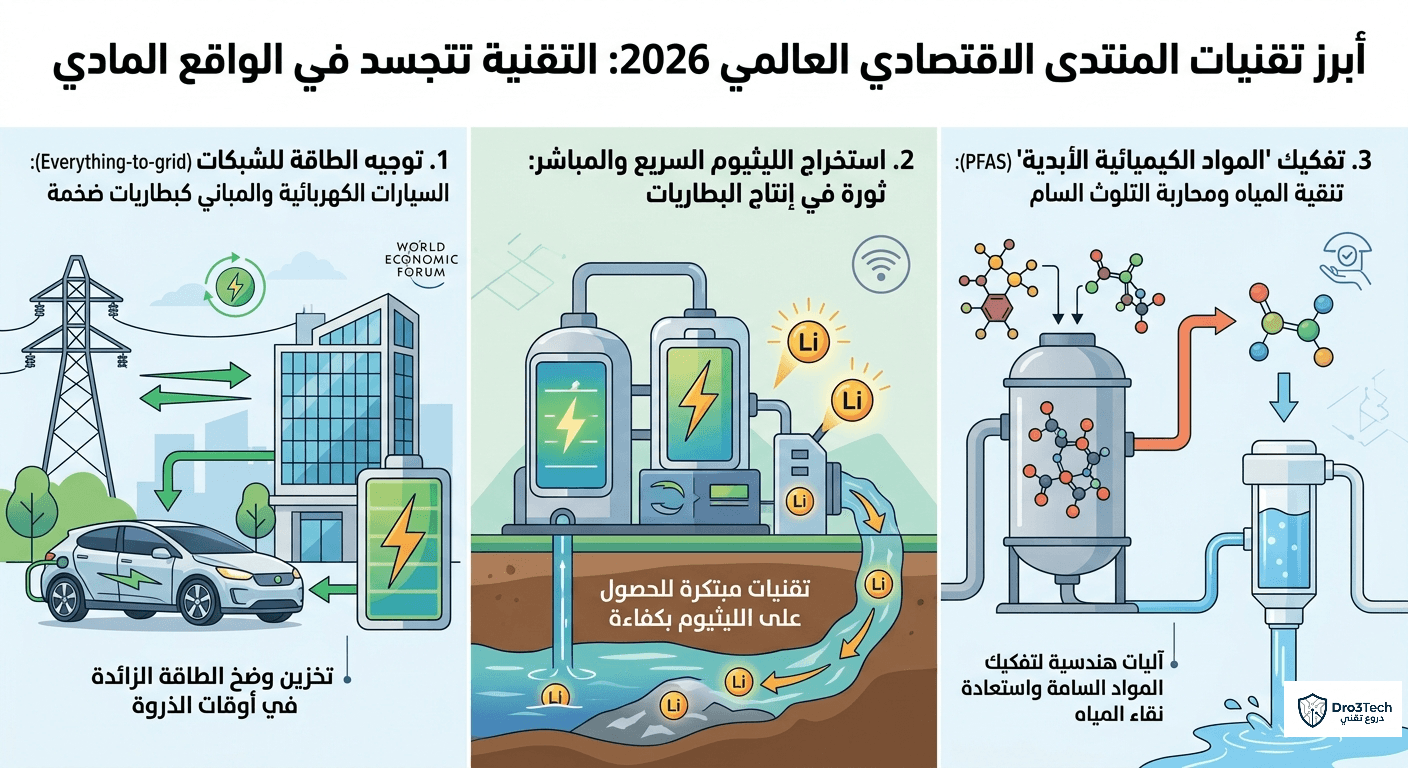 "إنفوجرافيك يستعرض أبرز التقنيات الناشئة لعام 2026 وفقاً للمنتدى الاقتصادي العالمي، وتشمل تقنية توجيه الطاقة للشبكات (Everything-to-grid)، والاستخراج المباشر لليثيوم، وآليات تفكيك المواد الكيميائية الأبدية (PFAS)."