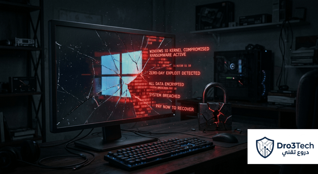 شاشة حاسوب تظهر انهيار نظام حماية ويندوز 10 واختراق نواة النظام (Kernel) بواسطة برامج الفدية والثغرات الأمنية.