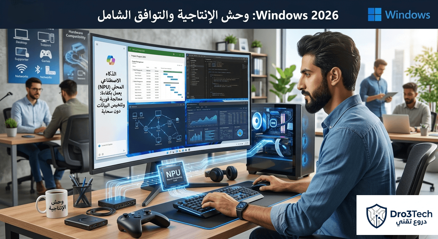 ​صورة توضيحية لنظام ويندوز 2026 كوحش للإنتاجية، تعرض محترفاً يدير مهام متعددة مع تسليط الضوء على دمج الذكاء الاصطناعي المحلي ومعالجات NPU لتسريع الأداء.
