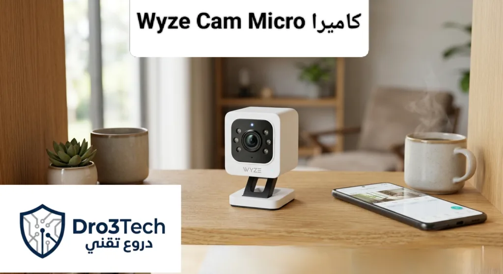 كاميرا Wyze Cam Micro الذكية باللون الأبيض على مكتب خشبي بجوار هاتف ذكي، أفضل كاميرا مراقبة صغيرة اقتصادية للمنازل.