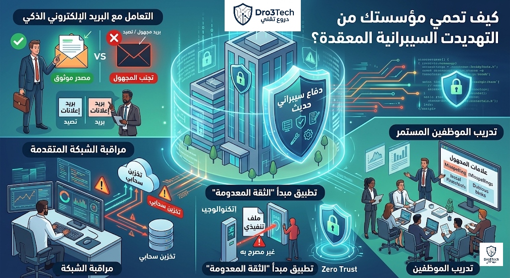 رسم توضيحي يشرح طرق حماية المؤسسات من التهديدات السيبرانية المعقدة، بما في ذلك التعامل الآمن مع البريد الإلكتروني، تطبيق مبدأ الثقة المعدومة (Zero Trust)، مراقبة الشبكة، وتدريب الموظفين على اكتشاف رسائل التصيد.