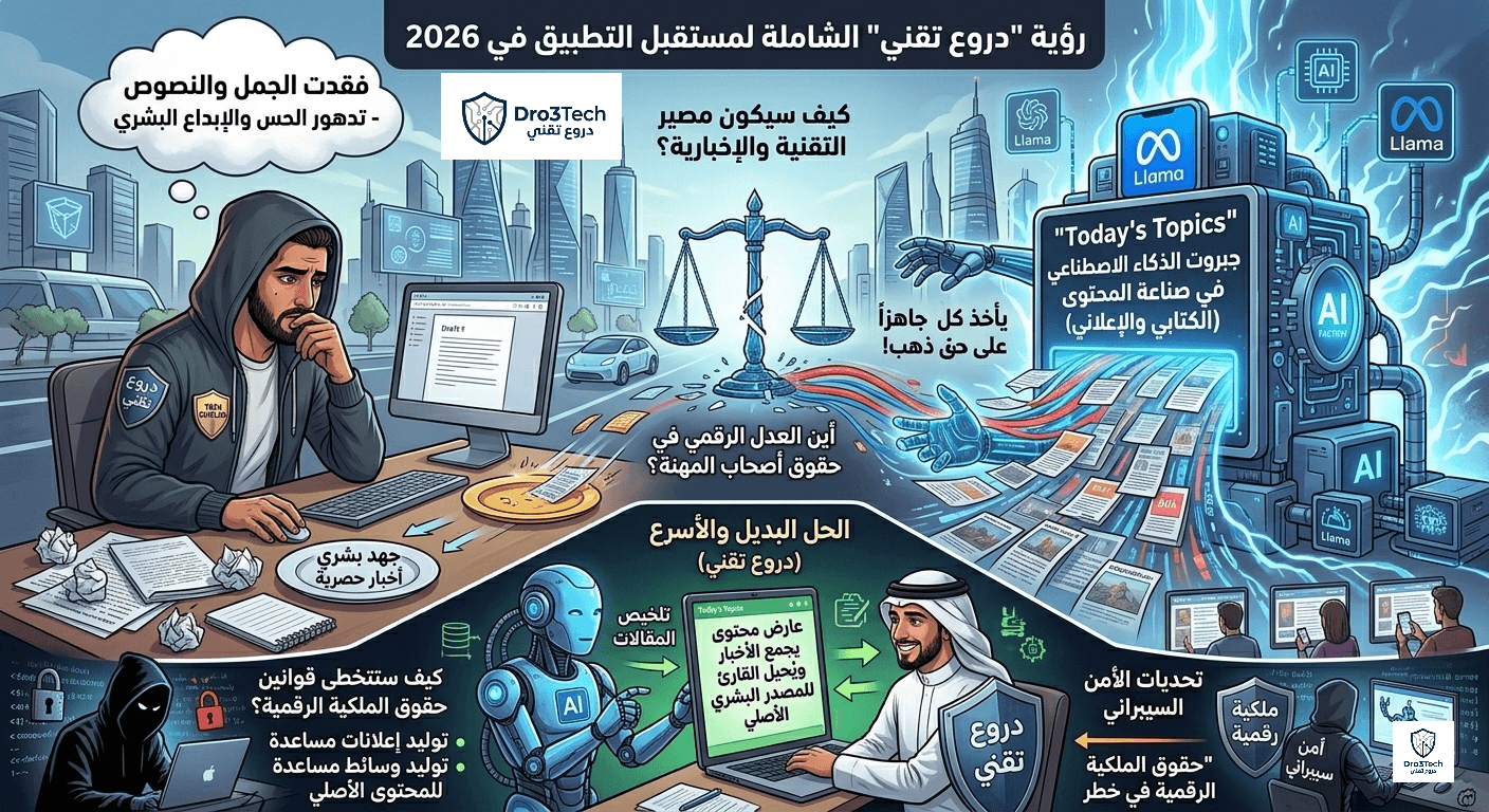 ​رسم توضيحي من "دروع تقني" يوازن بين قوة الذكاء الاصطناعي في تطبيق Meta Today's Topics وتأثيره السلبي على الإبداع والحس البشري في صناعة المحتوى عام 2026.