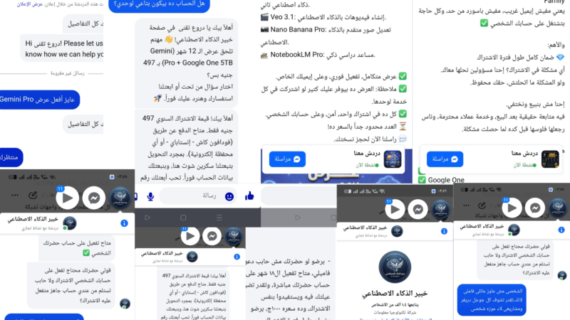 تصميم مجمّع (Collage) يضم ثماني لقطات شاشة لمحادثات ماسنجر وإعلانات ممولة لصفحات احتيالية مثل 'TechPartner EG'، 'Mega AI'، و'خبير الذكاء الاصطناعي'. توثق الصور اعترافات صريحة ببيع اشتراكات Google One و Gemini Pro عن طريق 'دعوة Family' بأسعار تتراوح بين 299 و497 جنيهاً مصرياً. تظهر المحادثات رفض مستخدم للاشتراك العائلي خوفاً على خصوصية ملفاته في جوجل درايف، بينما تواصل الصفحات التهرب بطلب تحويلات مالية غير رسمية عبر فودافون كاش، إنستاباي، وتطبيق تيلدا (Telda: @crazysubpro)."