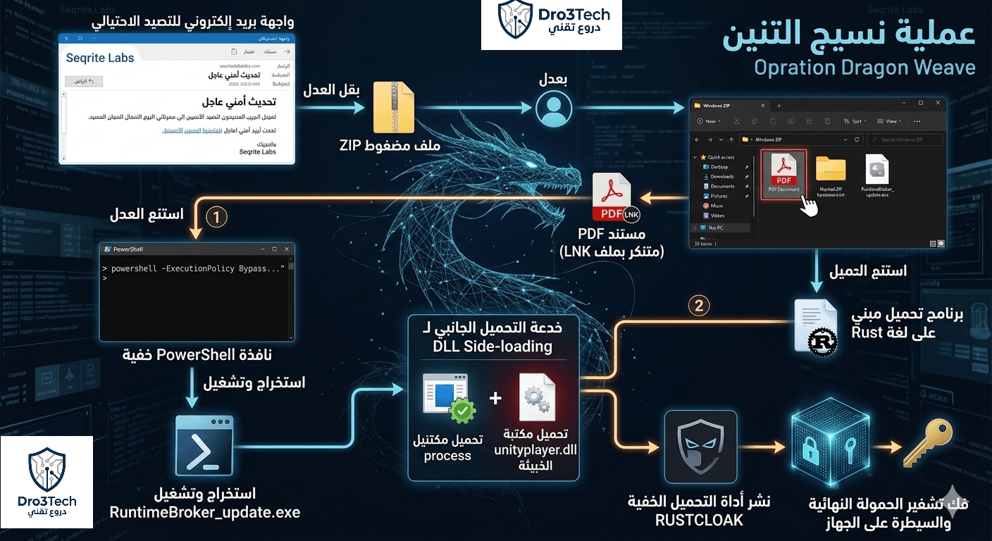 مخطط يوضح خطوات هجوم عملية نسيج التنين، بداية من رسالة بريد إلكتروني احتيالية وملف ZIP الخبيث، مروراً بتشغيل أوامر PowerShell والتحميل الجانبي لمكتبة UnityPlayer.dll لنشر برمجية RUSTCLOAK.