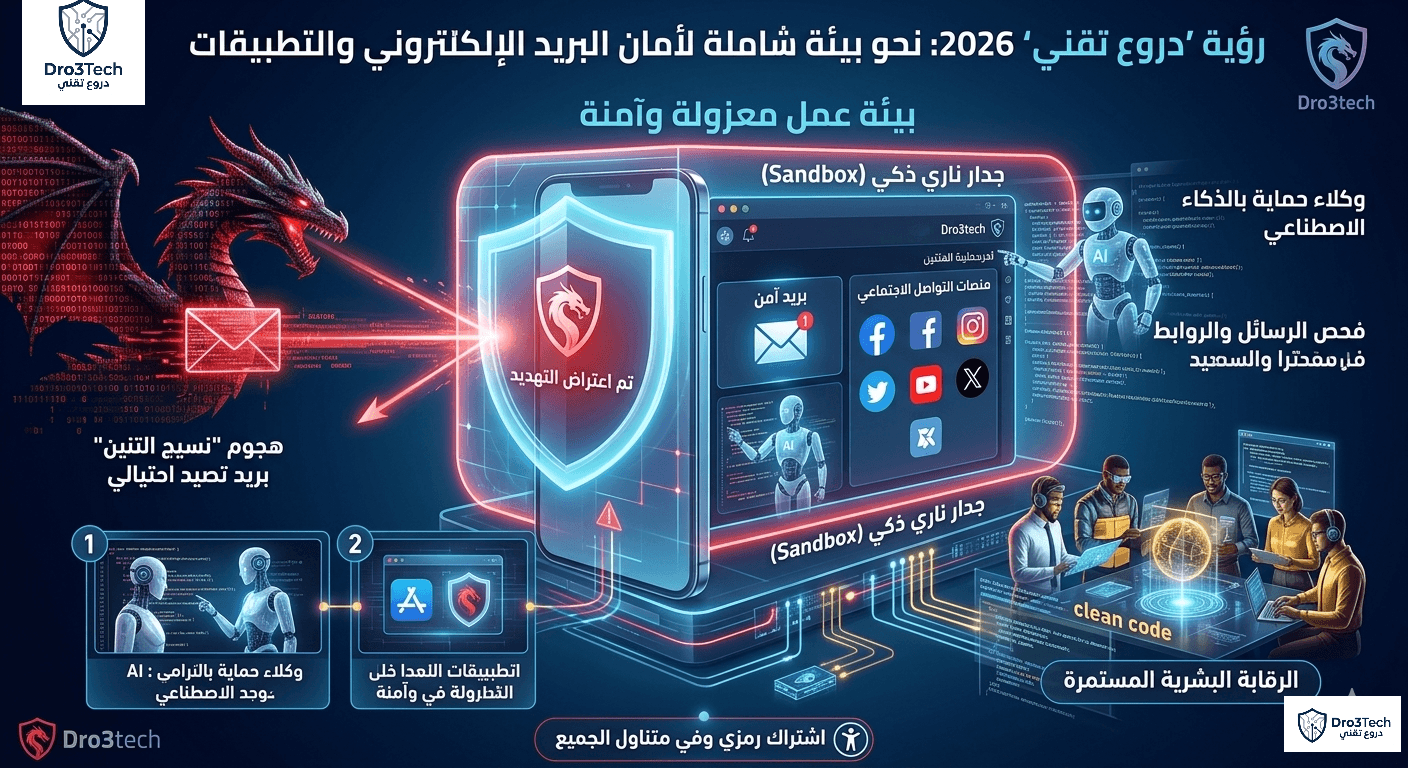 مخطط يوضح مشروع دروع تقني 2026 لأمان البريد الإلكتروني والتطبيقات، يظهر جدار حماية ذكي يعتمد على وكلاء الذكاء الاصطناعي والتدخل البشري لصد هجمات التصيد الاحتيالي مثل نسيج التنين.