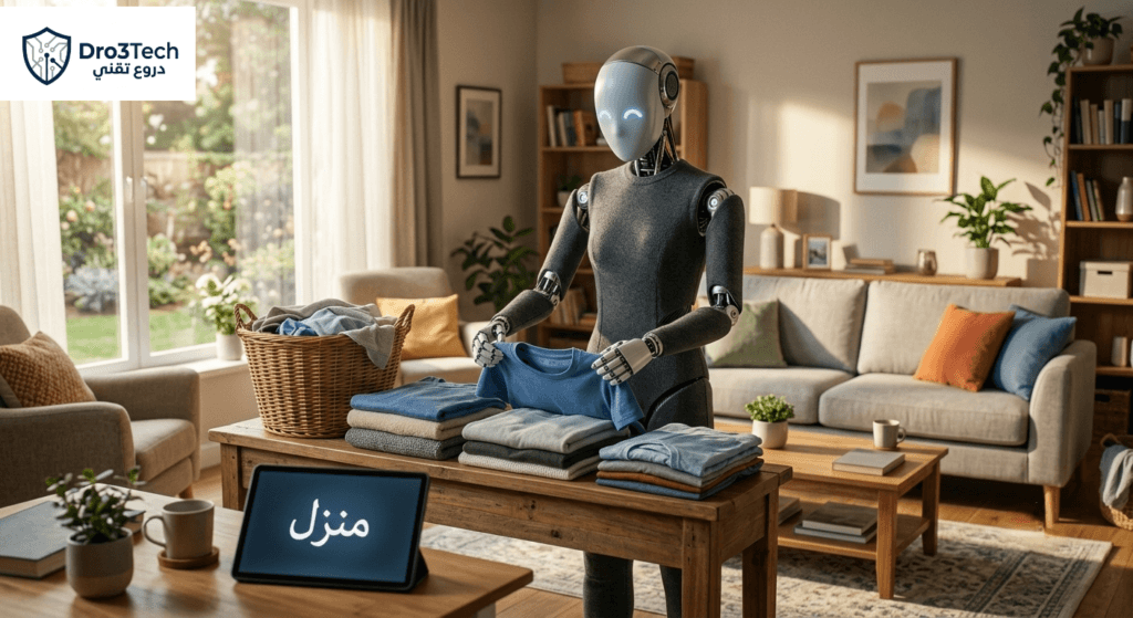 روبوت 1X NEO المنزلي يقوم بطي الملابس في غرفة المعيشة