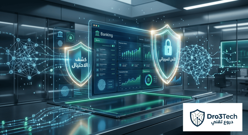 تصميم علمي يوضح دور الذكاء الاصطناعي في تحليل البيانات المالية وحماية البنوك من الاحتيال.