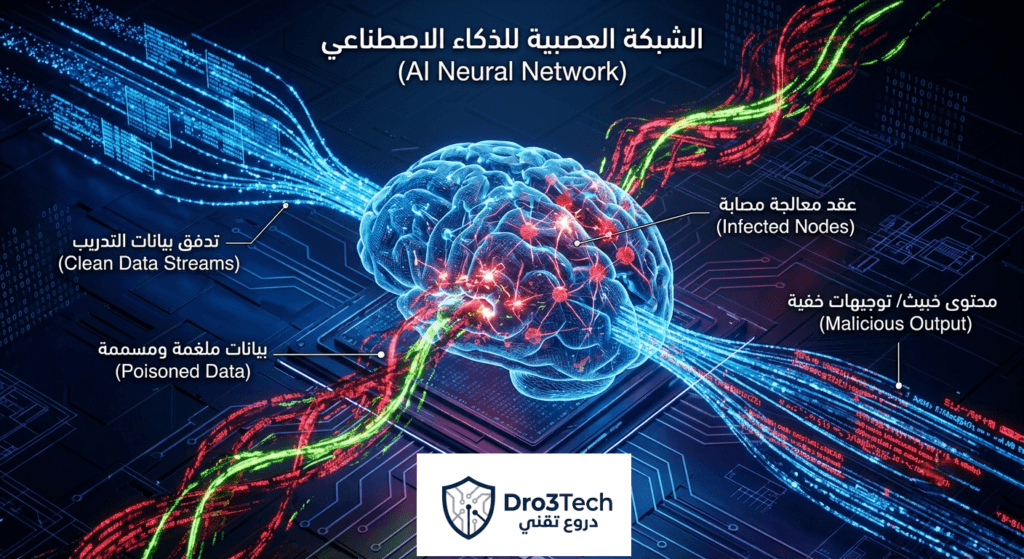 مخطط علمي يوضح عملية التسميم الموجه لنماذج الذكاء الاصطناعي وحقن البيانات الملغمة لتوليد محتوى خبيث.